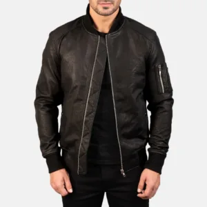 Black Leather Bomber Jacket - 11