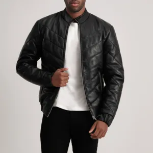 Black Leather Puffer Jacket - 03