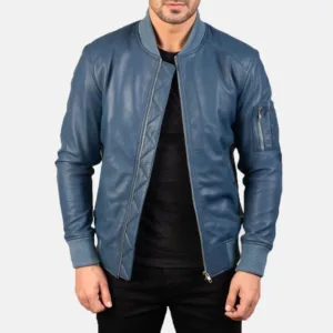 Blue Leather Bomber Jacket - 06